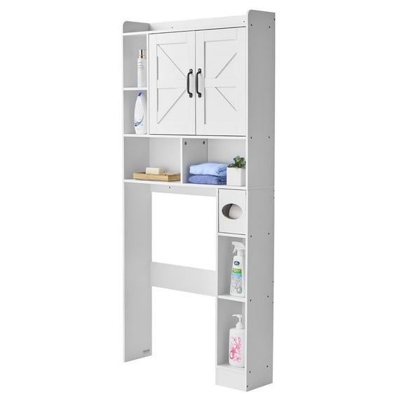 Over The Toilet Storage Cabinet 66.14 Inch Height White Double Door Adjustable Shelf Bathroom Space Saver Organizer