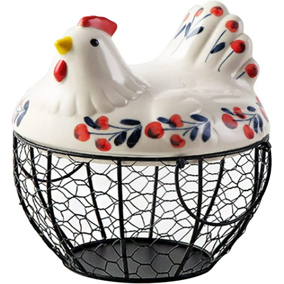 Creative Ceramic Egg Basket, Metal Net Basket, Egg Storage Basket, White Ceramic Decorative Chicken Top and Metal Handle, Fruit and Potato Storage Basket, Kitchen Decoration
