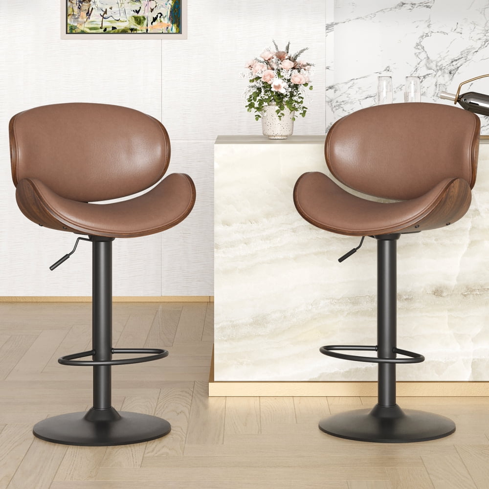 A set of 2 height-adjustable swivel bar stools with PU leather seats and backrests, featuring footrests, suitable for kitchen bar counters or home bars