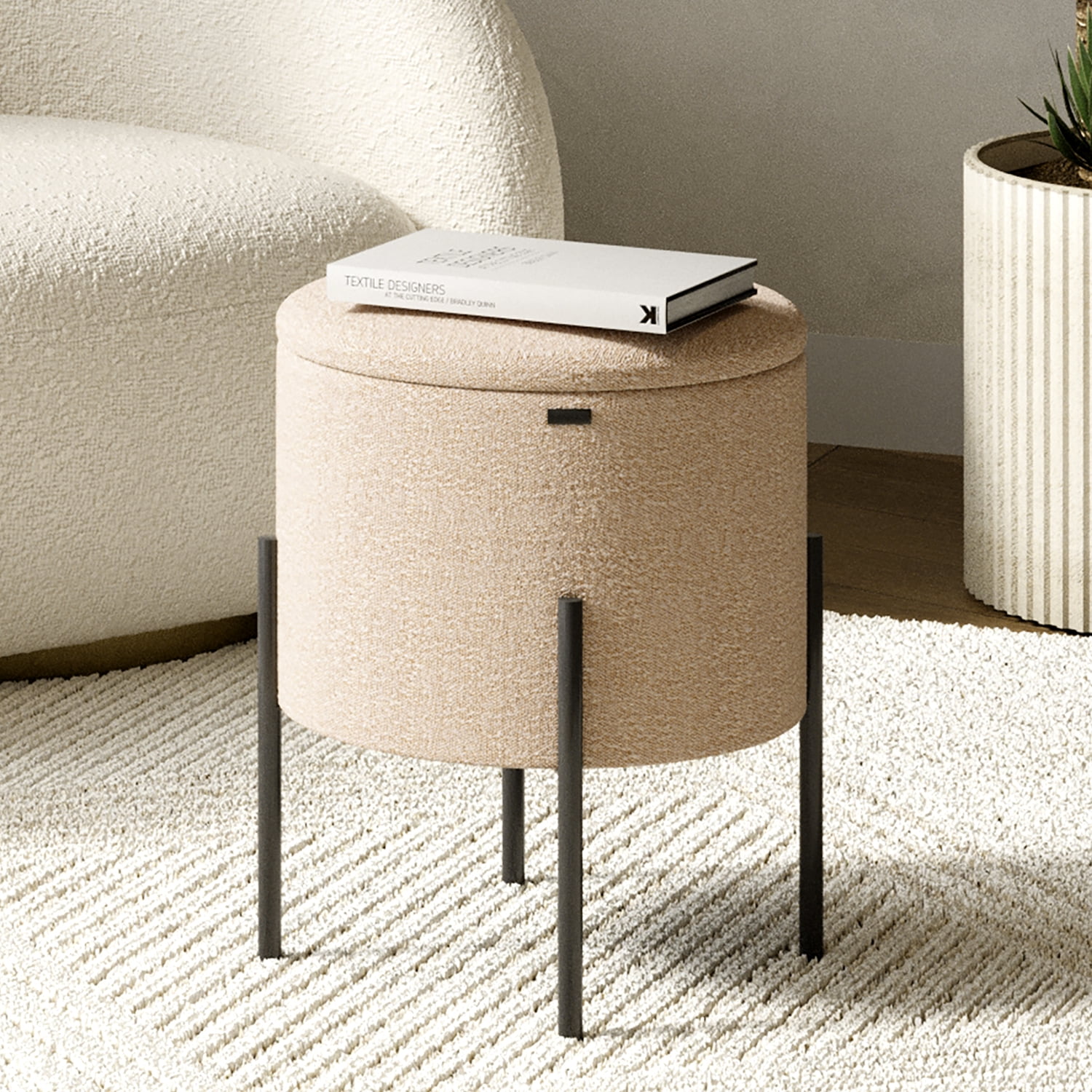LammaLoe Small Round Ottoman with Storage, Boucle Ottoman Foot Stool with Lid, Upholstered Vanity Stool for Living Room & Bedroom, Beige