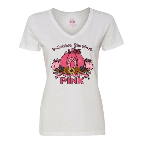 Inktastic In October We Wear Pink with Ribbon and Pink Pumpkins Women's V-Neck T-Shirt