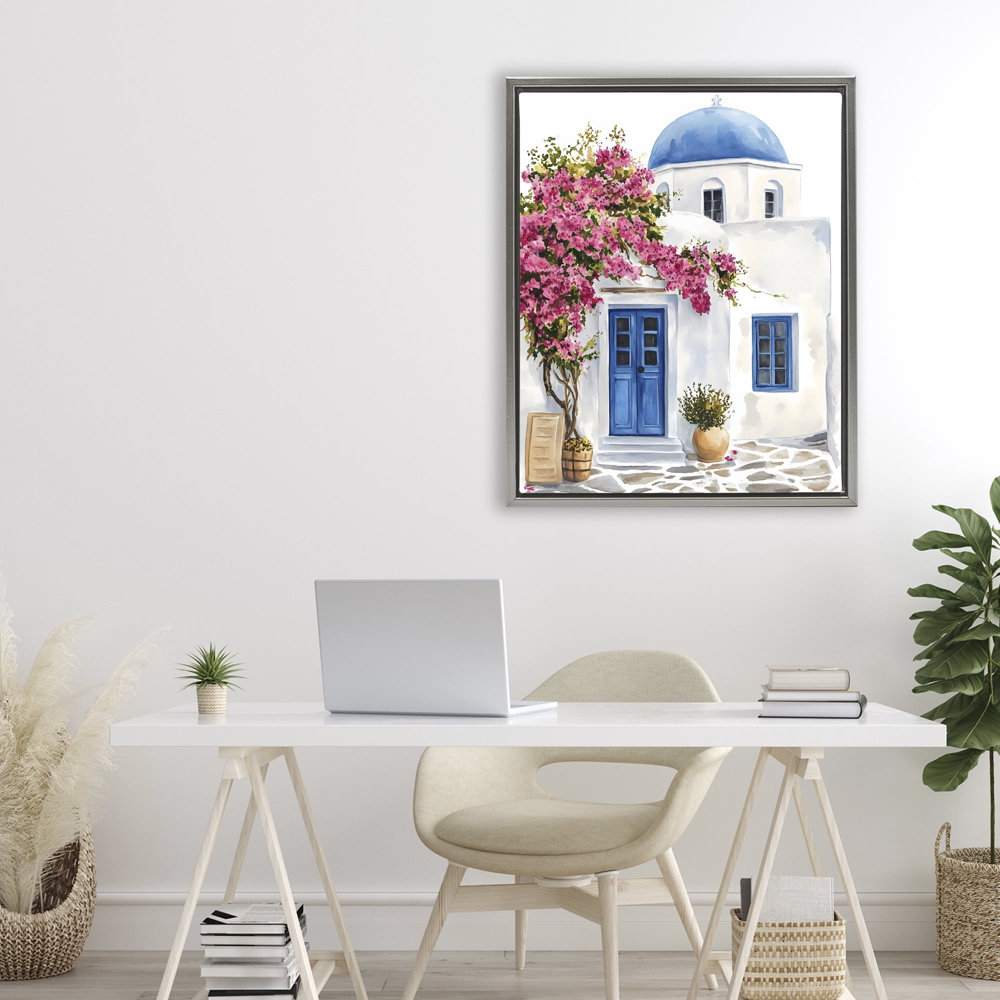Stupell Industries Santorini House with Bougainvillea Gray Framed Floater Canvas Wall Art, design by LSR Design Studio