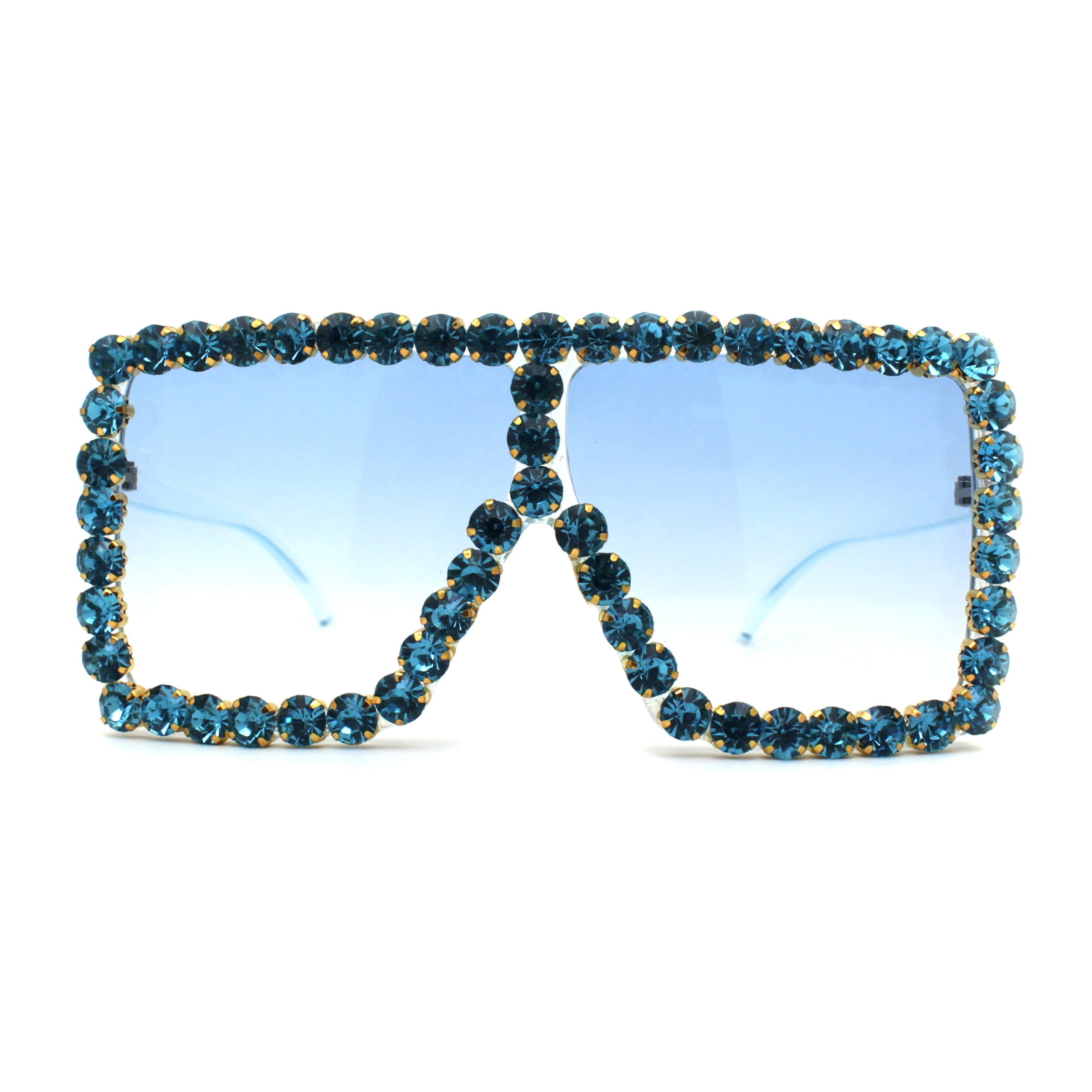Large Gem Rhinestone Jewel Oversize Mob Sunglasses Light Blue