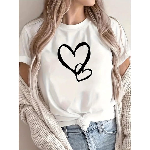 Valentine'S Day Heart Print Casual T-Shirt, Knit Fabric with Slight Stretch, Crew Neck Short Sleeve Top for All Seasons Tee For Adult, Men, Women, Teen, Teenager, Adolescent, Youth