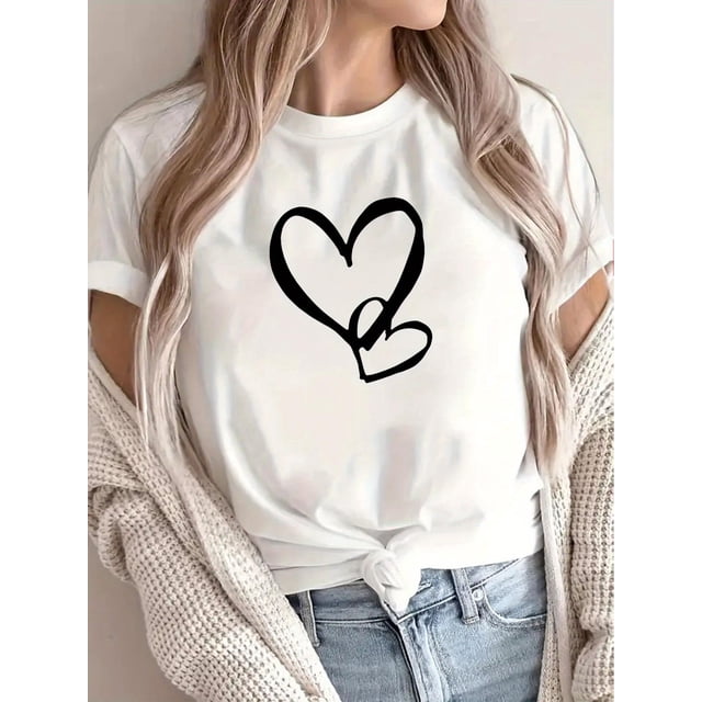 Valentine'S Day Heart Print Casual T-Shirt, Knit Fabric with Slight Stretch, Crew Neck Short Sleeve Top for All Seasons Tee For Adult, Men, Women, Teen, Teenager, Adolescent, Youth