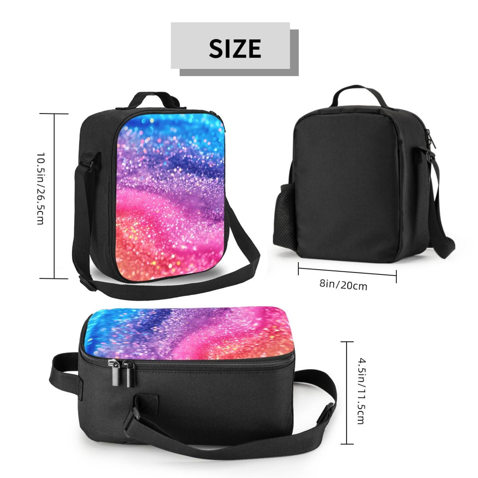 Xecao Rainbow Glitter Cute Print Lunch Bag - Durable, Double-Insulated Lunch Bag, Holds Lunch Box, Water Bottle, & Snacks,Leakproof Cooler Tote Bag