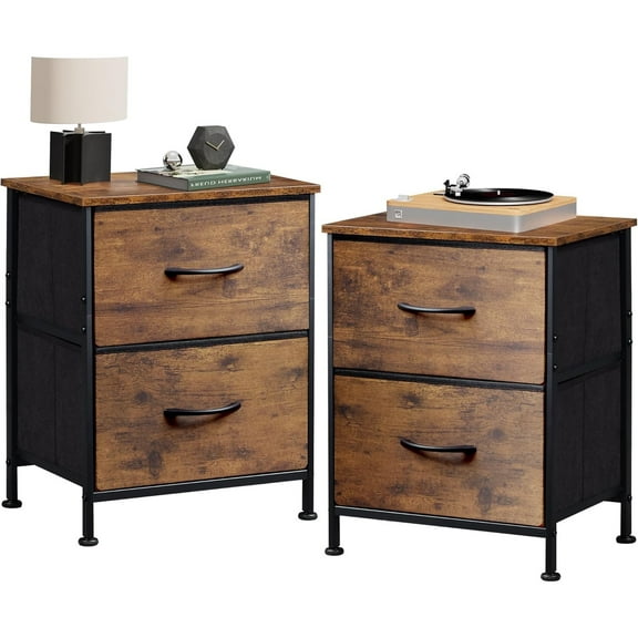 Nightstand Set of 2, 2 Drawer Dresser for Bedroom, Small Dresser with 2 Drawers, Bedside Furniture, Night Stand, End Table for Bedroom, College Dorm, Rustic Brown Wood Grain Print