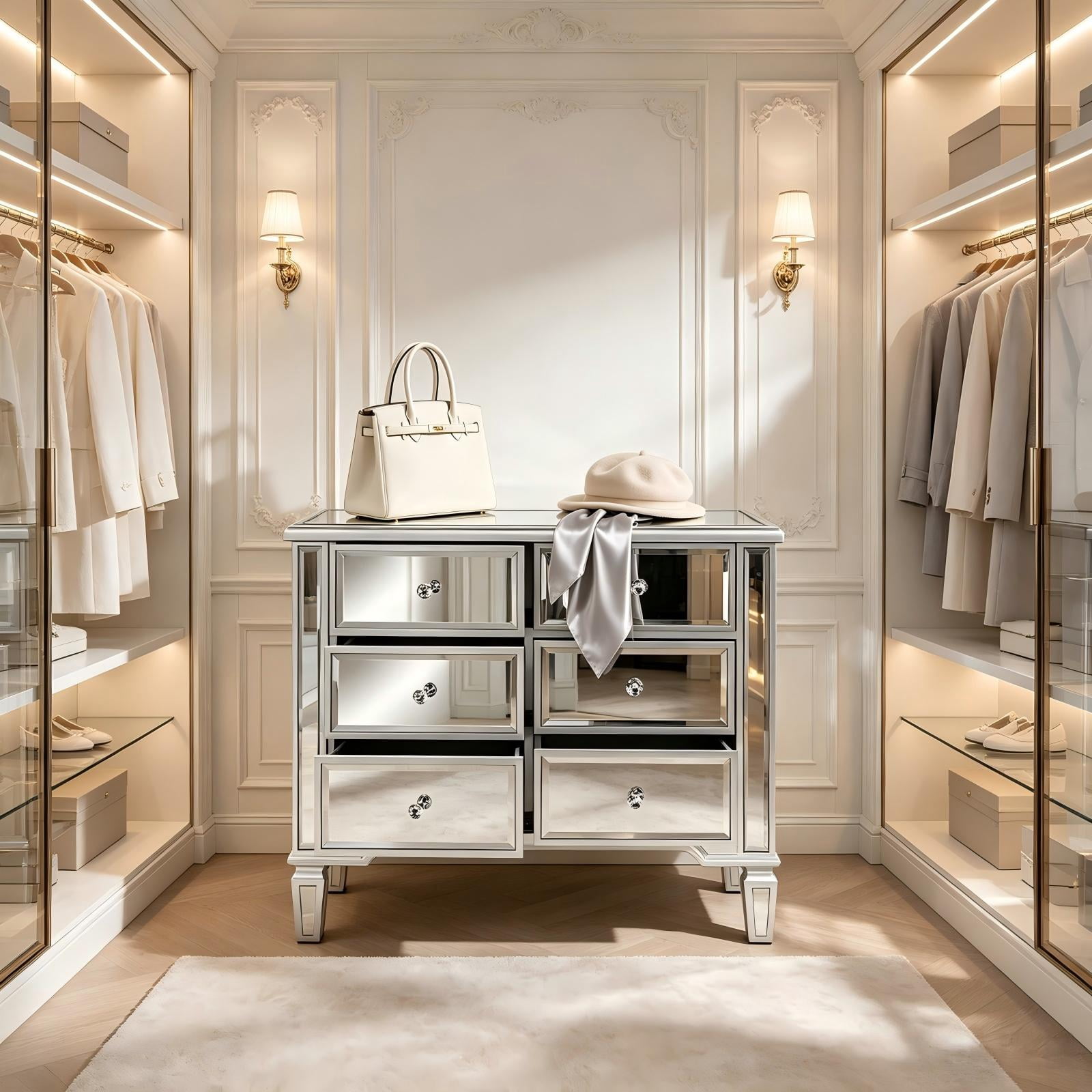 6-Drawer Mirrored Drawer Cabinet, MDF Storage Dresser with Mirror-Finish Drawer Fronts, Narrow Accent Chest for Bedroom, Dressing Room, Hallway or Vanity Area