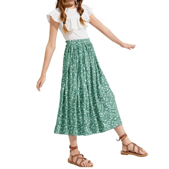 Maxi Skirt for Girls Casual Loose Elastic High Waist Long Skirt Floral Printed Ruffled Skorts Skirts