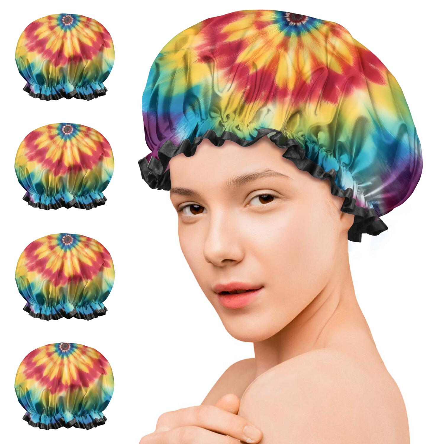 Shower Caps,Rainbow Tie Dye Mandala Pattern Waterproof Shower Cap for Women 4 Pieces,Double Reusable Hair Cover for Shower PEVA Elastic Stretch Hem
