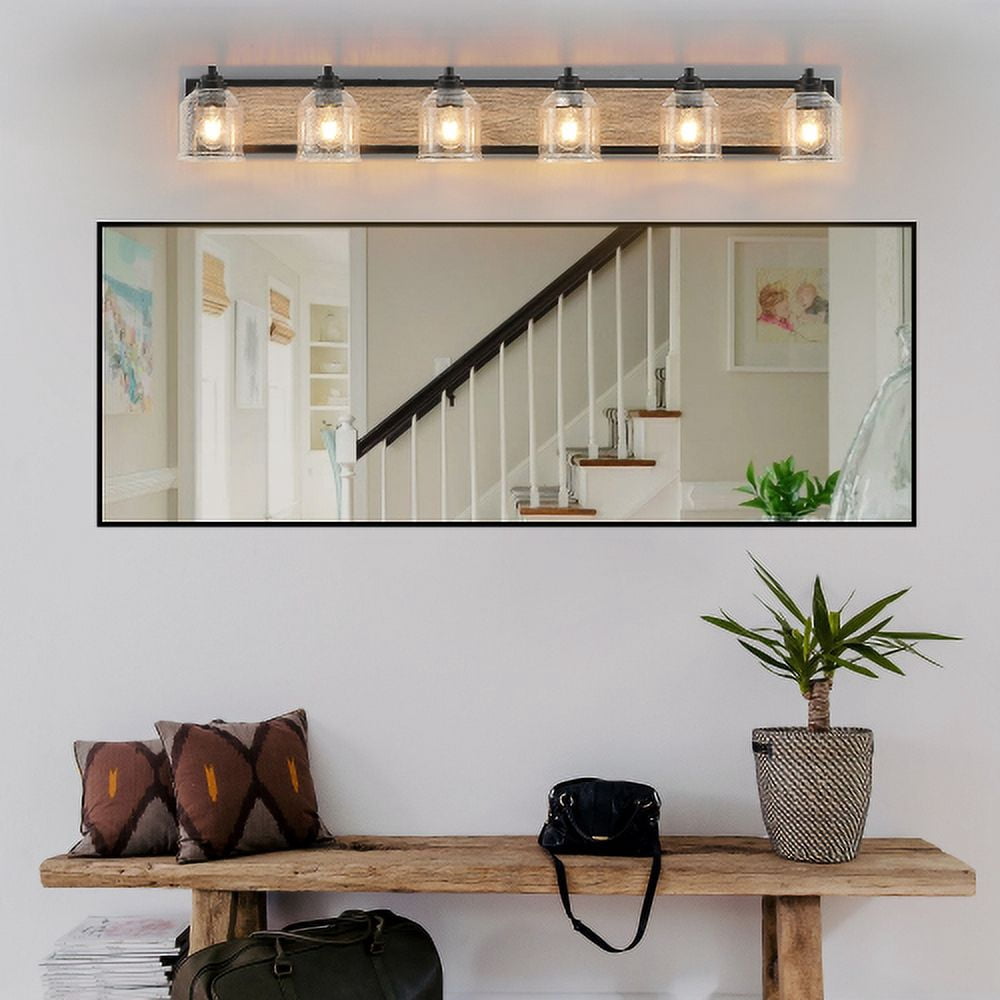 ACE-LIGHTS,6-Light Farmhouse Vanity Light Fixture,Bathroom Wall Sconce(Bulb Not Included) with Clear Seeded Glass Shades,Modern Industrial Design for Bathroom,Bedroom,Entrance,Passage(Black)