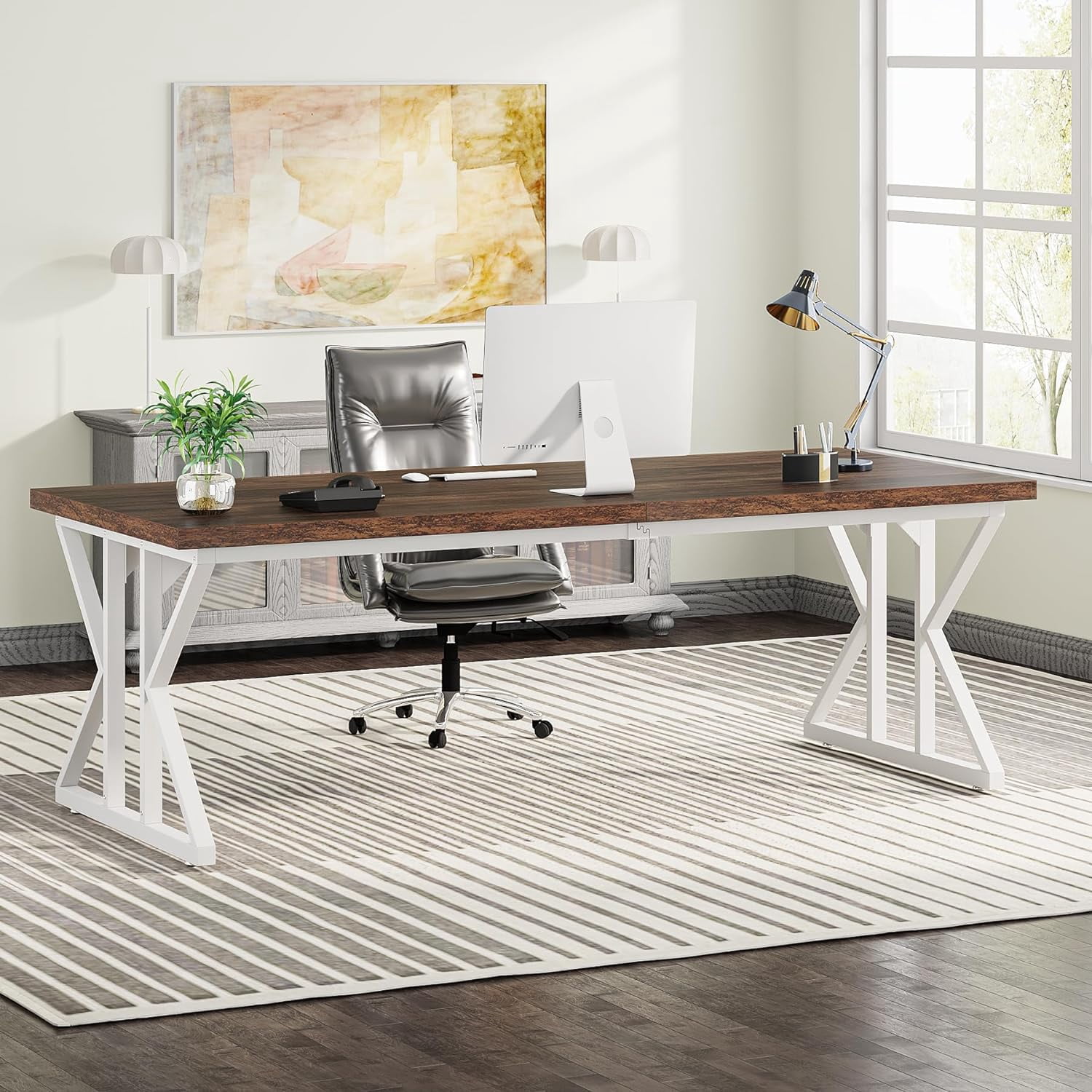 Tribesigns 78.7-Inch Executive Desk, Large Computer Office Desk, Industrial Study Writing Table for Home Office(Brown/White)