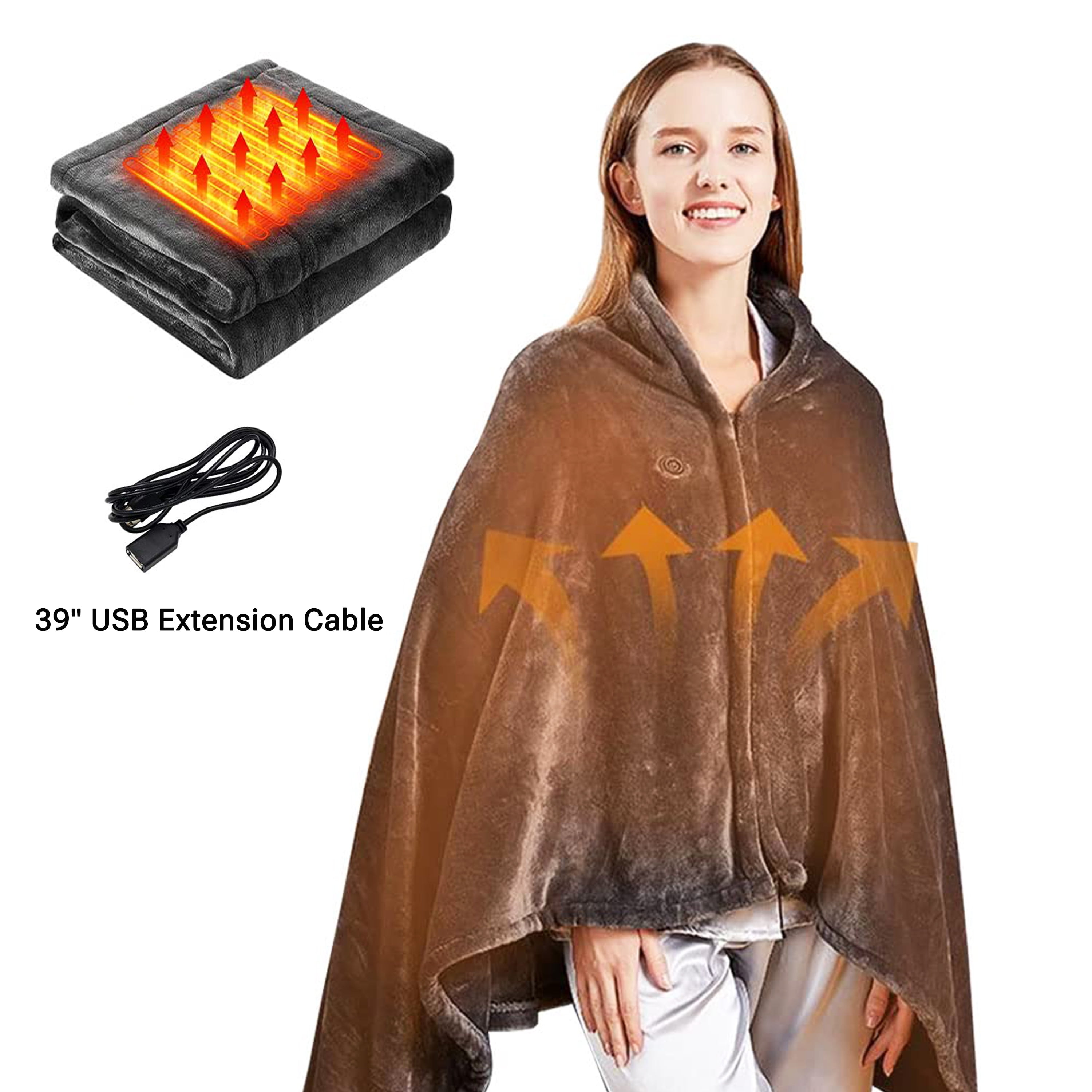 Hyindoor 59"x33" Electric Heated Blanket Portable USB Washable Heating Shawl with Hat Zipper for Indoor Outdoor (Dark Grey)