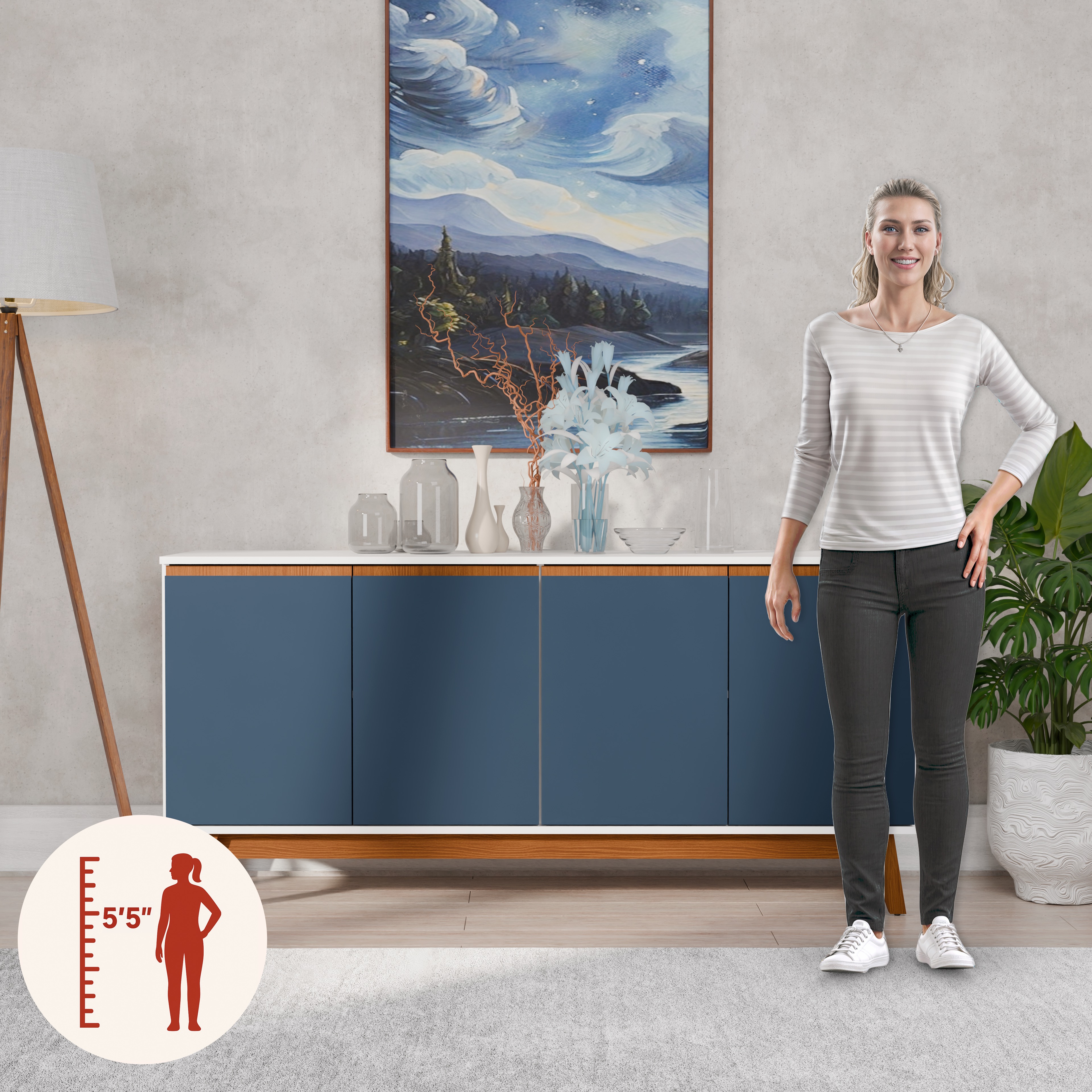 Kappesberg Tokyo 4-Door Sideboard with Soft-Close Doors and 2-Shelves, White/Blue Finish