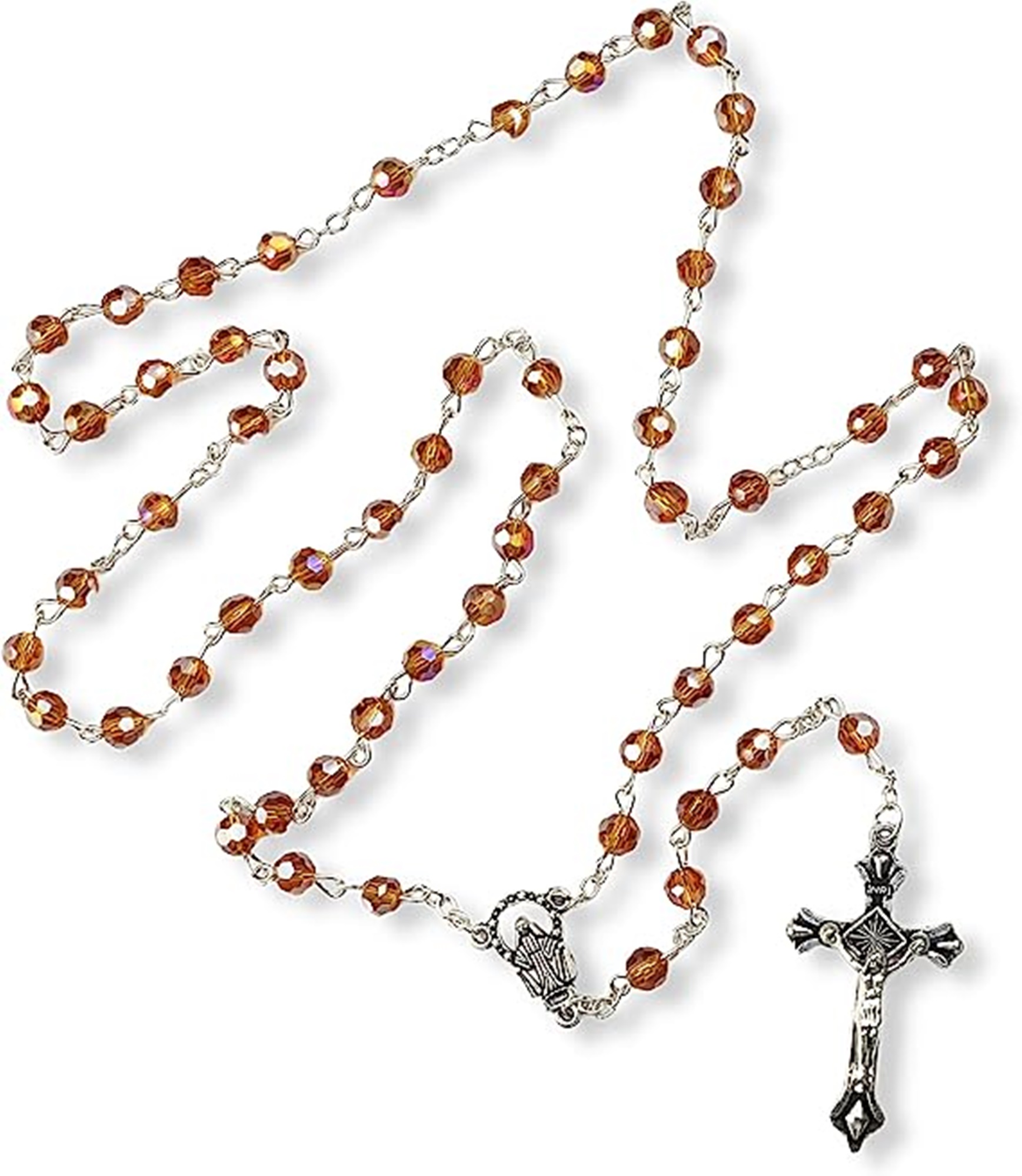 Orange Beaded Miraculous Medal Crucifix Rosary, Catholic Church Jewelry