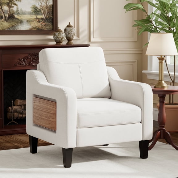 EOP Modern Comfy Armchair, Linen Fabric Accent Chair with Side Pockets, Living Room Chair with Foldable Table, Upholstered Reading Chair for Bedroom, Beige