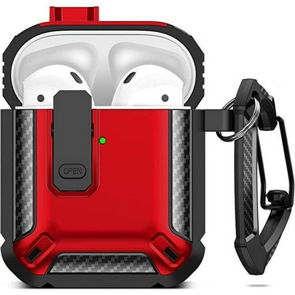 DEFNES for AirPods Case, Carbon Fiber Secure Lock Clip Full Body Shockproof Hard Shell Protective Case Cover, with Keychain for AirPod 1st and 2nd Generation Wireless Charging Case, Red