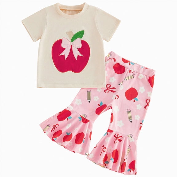 enyan Toddler Baby Girl Back To School Outfit Apple Short Sleeve Shirt Top Ruffled Long Pent Set Cute Girls Summer Clothes Pink,2-3 Years