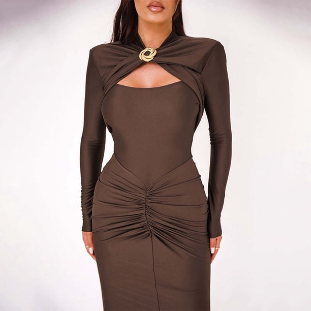 WILLBEST Vestidos Casuales Para Mujer 1 Vestido De Noche De Color Sólido Belleza Ajustado Plisado Manga Larga Con Cordones Vestido Maxi Ahuecado