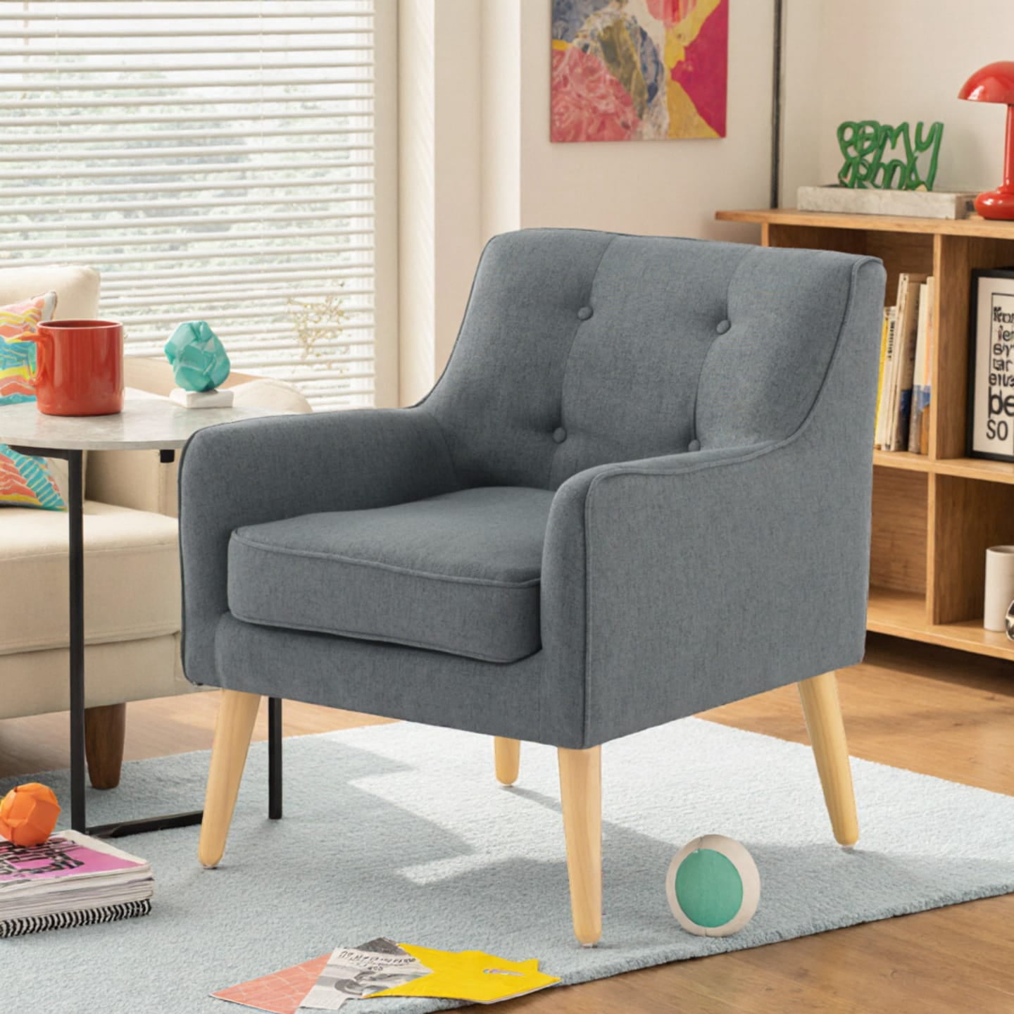 Gewnee 24.41" Linen Upholstered Accent Chair Solid Wood Frame for Living Room Bedroom Dark Grey