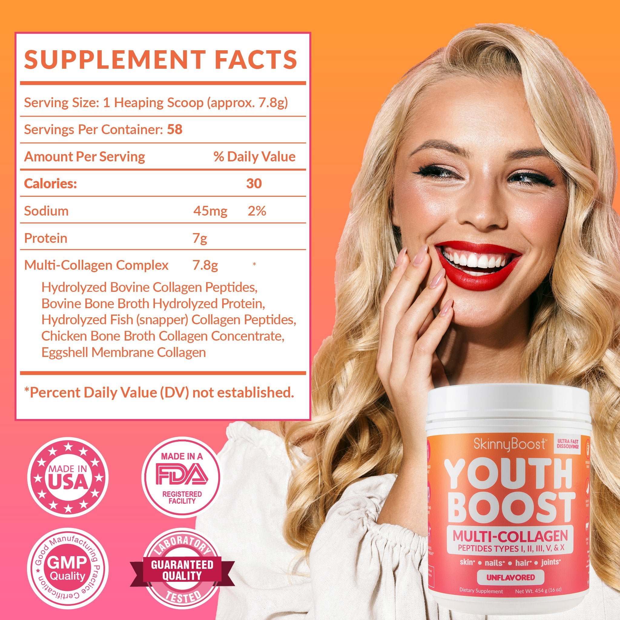 SkinnyBoost Youth Boost Advanced Multi-Collagen Powder - 5 Types of Hydrolyzed Collagen Peptides for Hair, Skin, Nails & Joints. Fast Dissolving, Grass Fed, Keto Friendly - Unflavored(58 Servings)