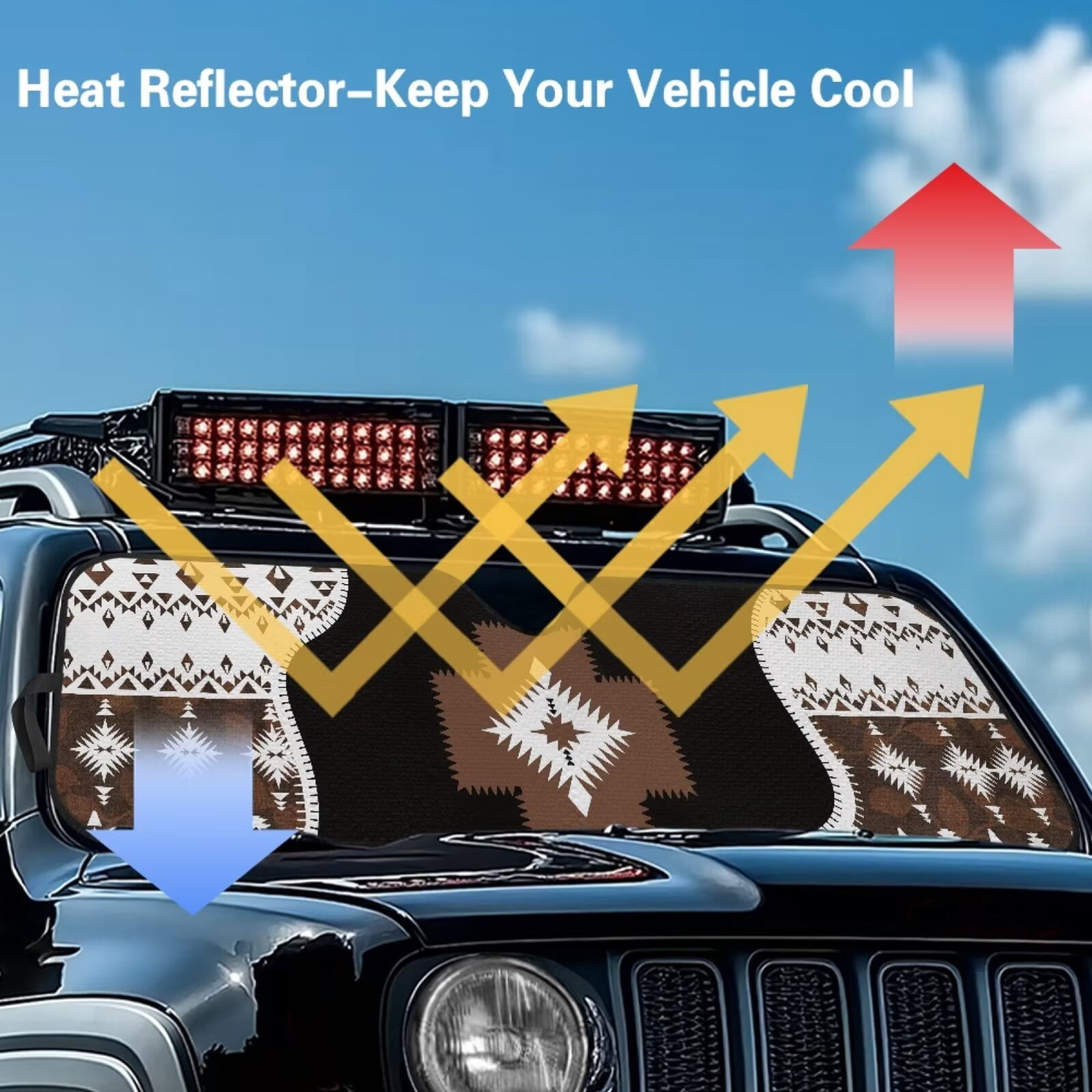 Uorisanigo Windshield Sun Shade for Wrangler JK JKU TJ Foldable 1 Piece Brown Aztec Tribal Sun Visor Windshield Shade for Jeep Wrangler, Gladiator, Renegade, FJ Cruiser