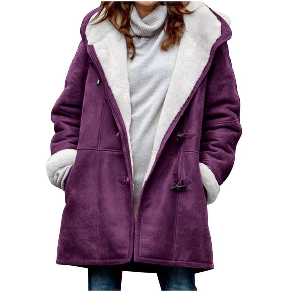 Aoujea Jackets for Women Winter Warm Sherpa Lined Coats Plus Size Hooded Parka Faux Suede Long Pea Coat Outerwear Classic-Fit Soft Fuzzy Jackets Overcoat S-5XL