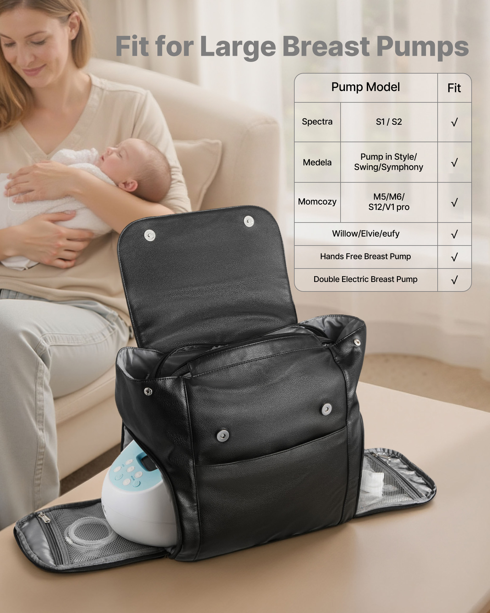 VEVOR Breast Pump Backpack, Breast Feeding Bag with Ice Pack, Fits for S1/S2, Pumping Accessories & Breastmilk Storage, Portable Pump Carrying Case for Work, Travel and Family Use, Black