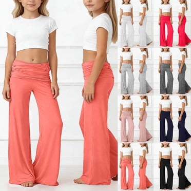 MAIHAN Girls Fold Over Pants,Yoga Pants with Pleated Waist-Pure Color Wide Leg Loose Fit Casual Trousers|Soft Stretchy Athletic Pants(Rose Gold,9-10 Years)