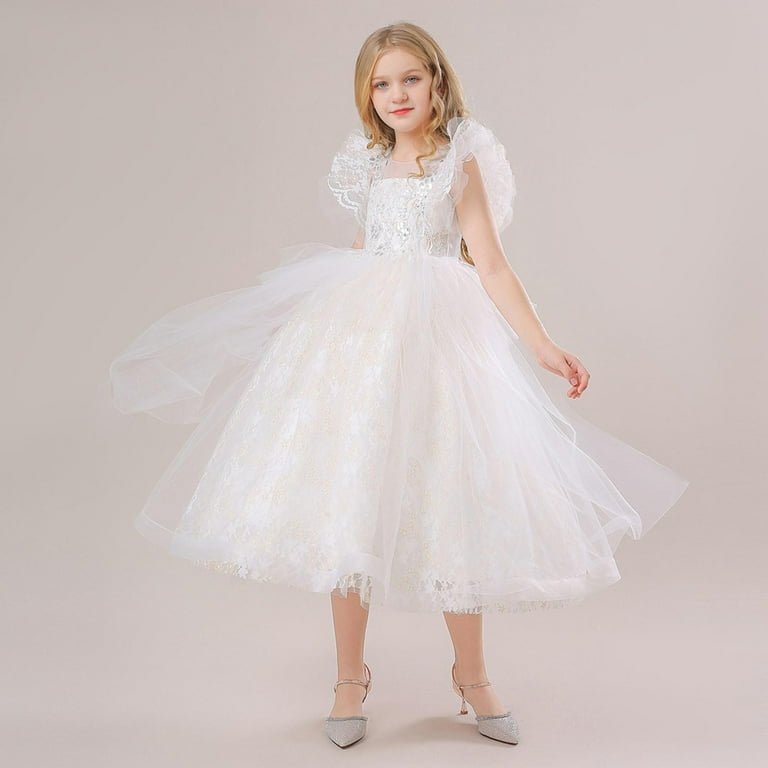 Atoguta 6-17 Years Party Dresses for Girls Tulle Dresses Bridesmaid Wedding Communion Birthday Party Pageant Prom Gown for Kids White, Girl's, Size: 6