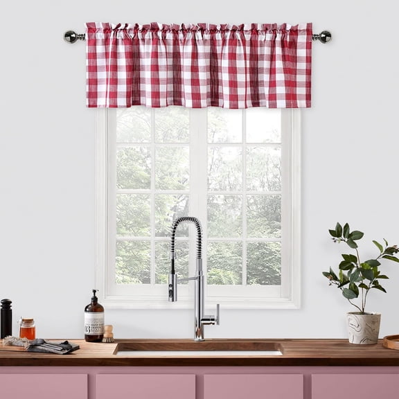 Red and White Buffalo Check Kitchen Curtain Valances for Windows,Burgundy Plaid Gingham Valance for Bathroom Rod Pocket Cafe Curtains, 55" x 15", Red/White