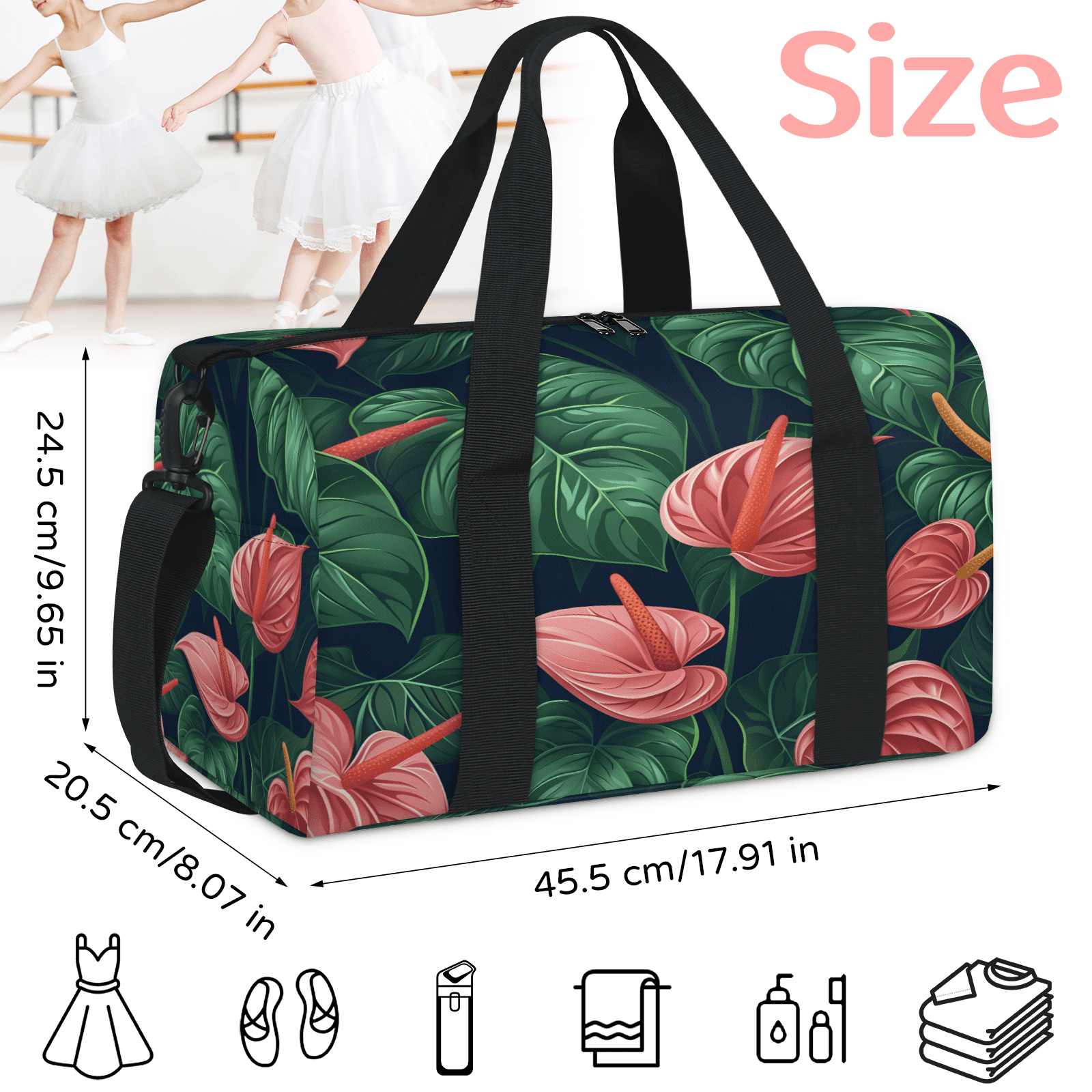 Herdesigns Tropical Gym Bag for Women, Duffle Bag for Travel Sport, Palm Leaves Floral Plants Lightweight Waterproof Carry on Weekender Dance Yoga Workout Bags