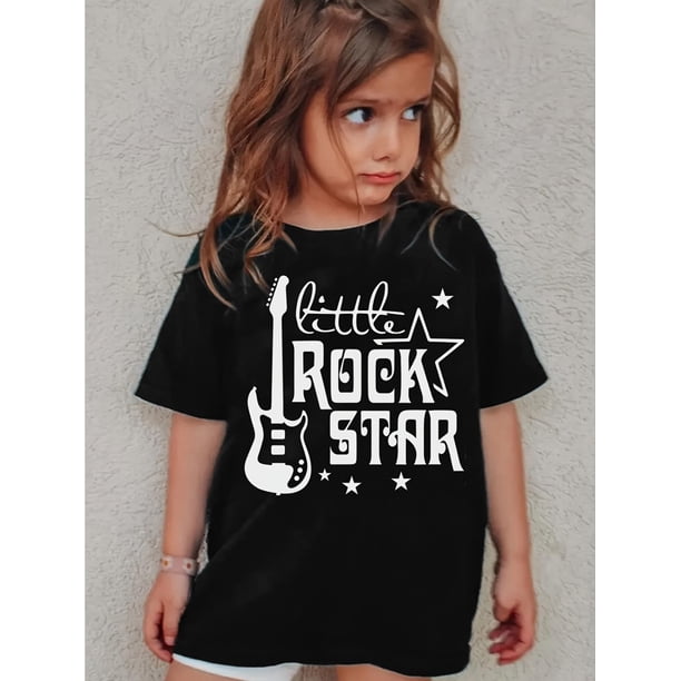 Camiseta estampada "Little Rock Star" para mujer: camiseta verde de manga corta con diseño de guitarra y estrella. Top informal de punto de algodón para primavera/verano y otoño.