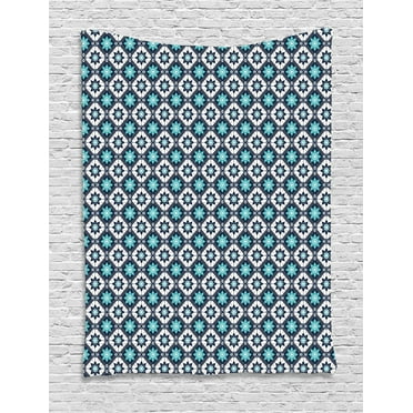 Boho Tapestry, Folkloric Morocco Tile Inspired Squares with Flowers, Wall Hanging for Bedroom Living Room Dorm Decor, 40W X 60L Inches, Dark Seafoam Dark Violet Blue Pale Caramel, by Ambesonne