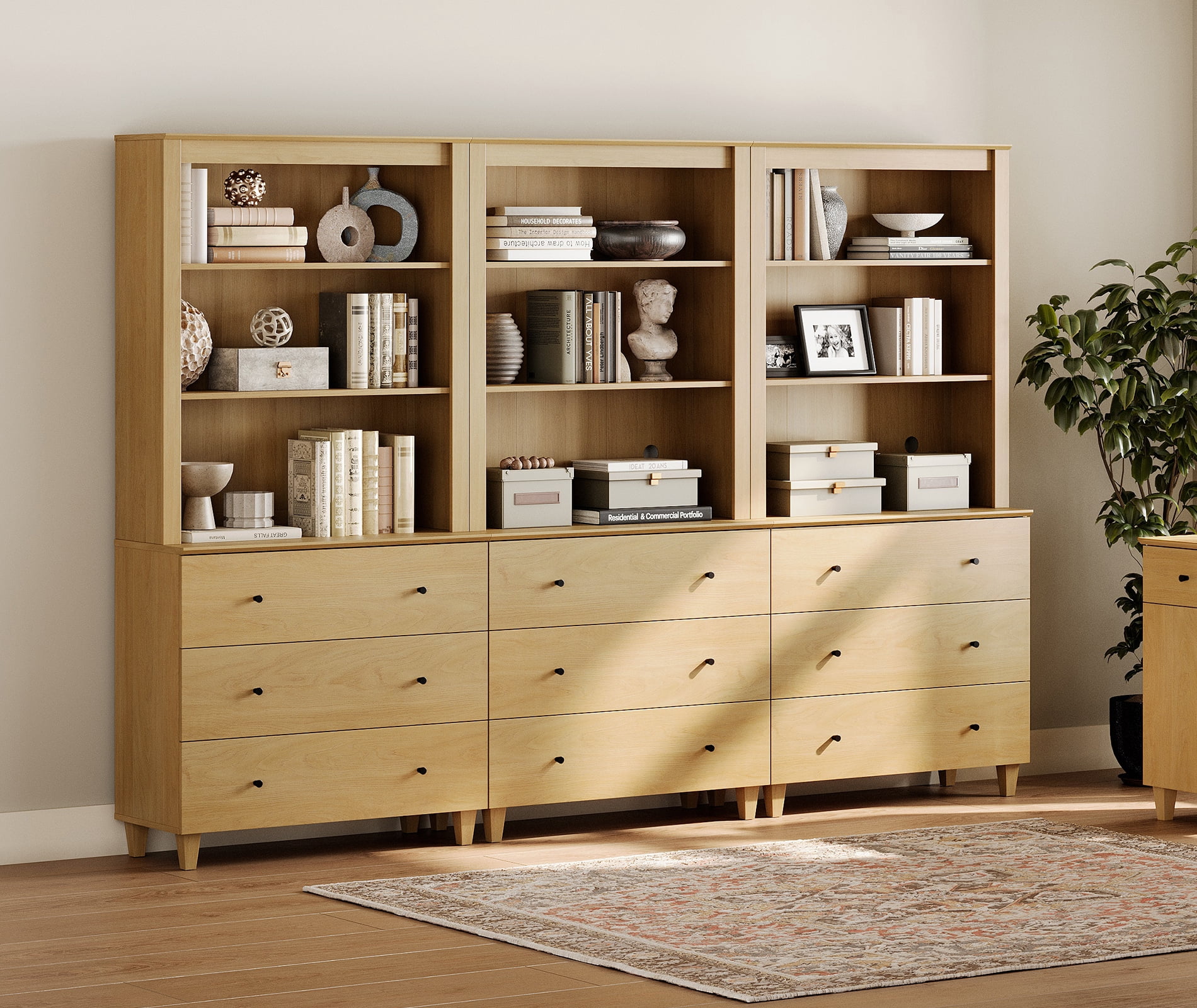 Modern 71" Tall Bookcase with 9 Drawers, 3 Columns 3-Tier for Home Office,Oak Wood