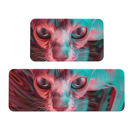 

Bingfone 2 Pcs Kitchen Rugs and Mats Cushioned Anti-Fatigue Floor Mat PVC Non-Slip Kitchen Rug Set for Kitchen Laundry Room Sink 17 x47 +17 x29 - Psychedelic Hairless Cat