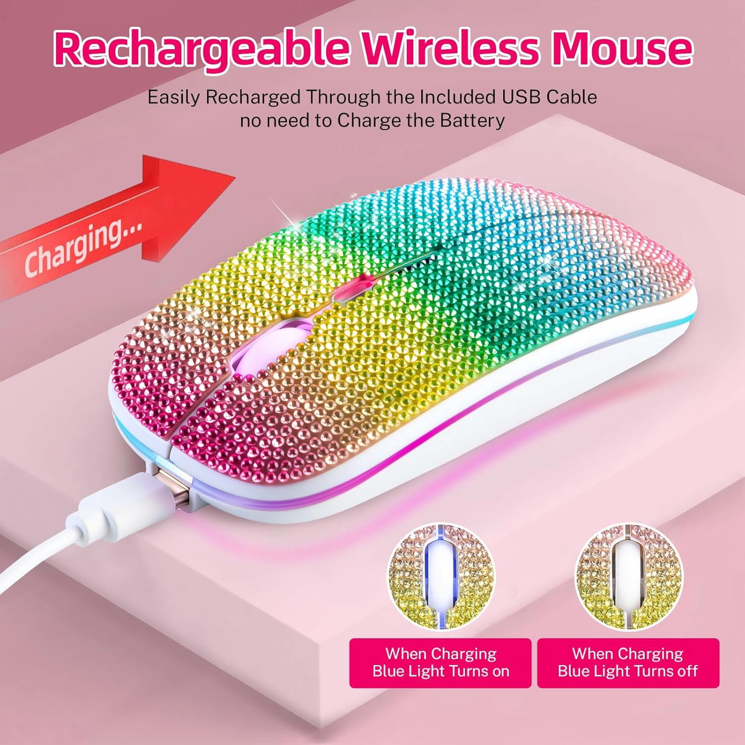 Bling Rhinestone Bluetooth Mouse, 2.4G Rechargeable Wireless Slim Mouse with USB Receiver, Sparkling Glitter Mouse for PC Laptop MacBook, Gift for Women
