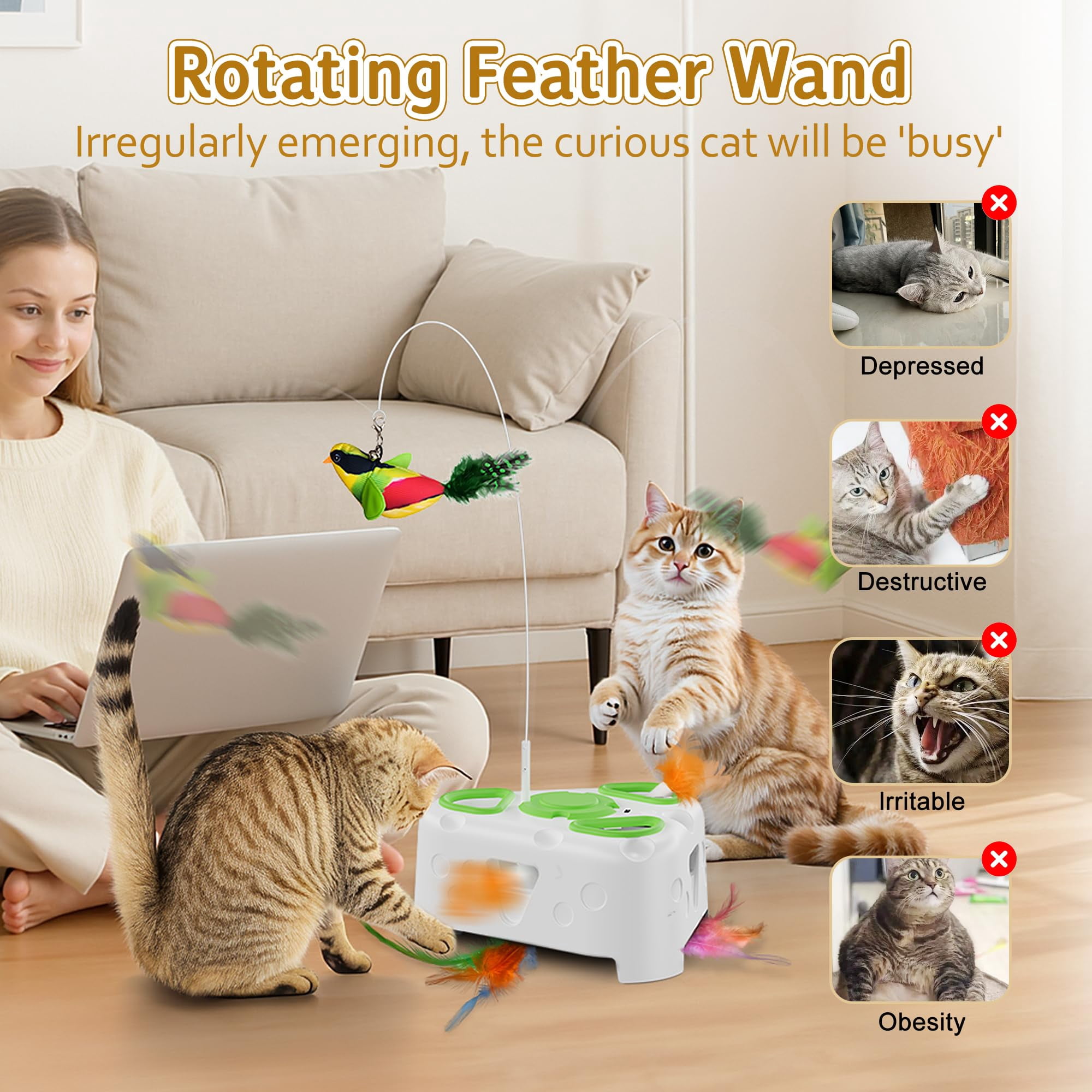 3-in-1 Interactive Cat Toys For Indoor Cats Automatic Kitten Flying Bird 6 Holes Mole Rotating  Rechargeable Usb Bored