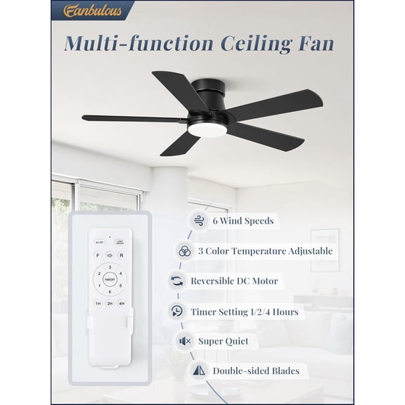 42 Inch Low  Ceiling Fan with LED Light and Remote, Modern Flush Mount Fan with Reversible Blades, 3CCT, 6 Speeds, Timer for Bedroom Living Room