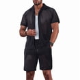 thumbnail image 4 of Men Mesh 2 Piece Outfits See Through Casual Shirts and Shorts Hollow Out Mid Shorts Set Black XXL, 4 of 8