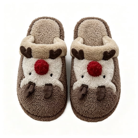 FAZVAOO Christmas Slippers,Fuzzy Closed Toe Slip on Cartoon Reindeer Soft Warm Slippers Brown 5.5-6