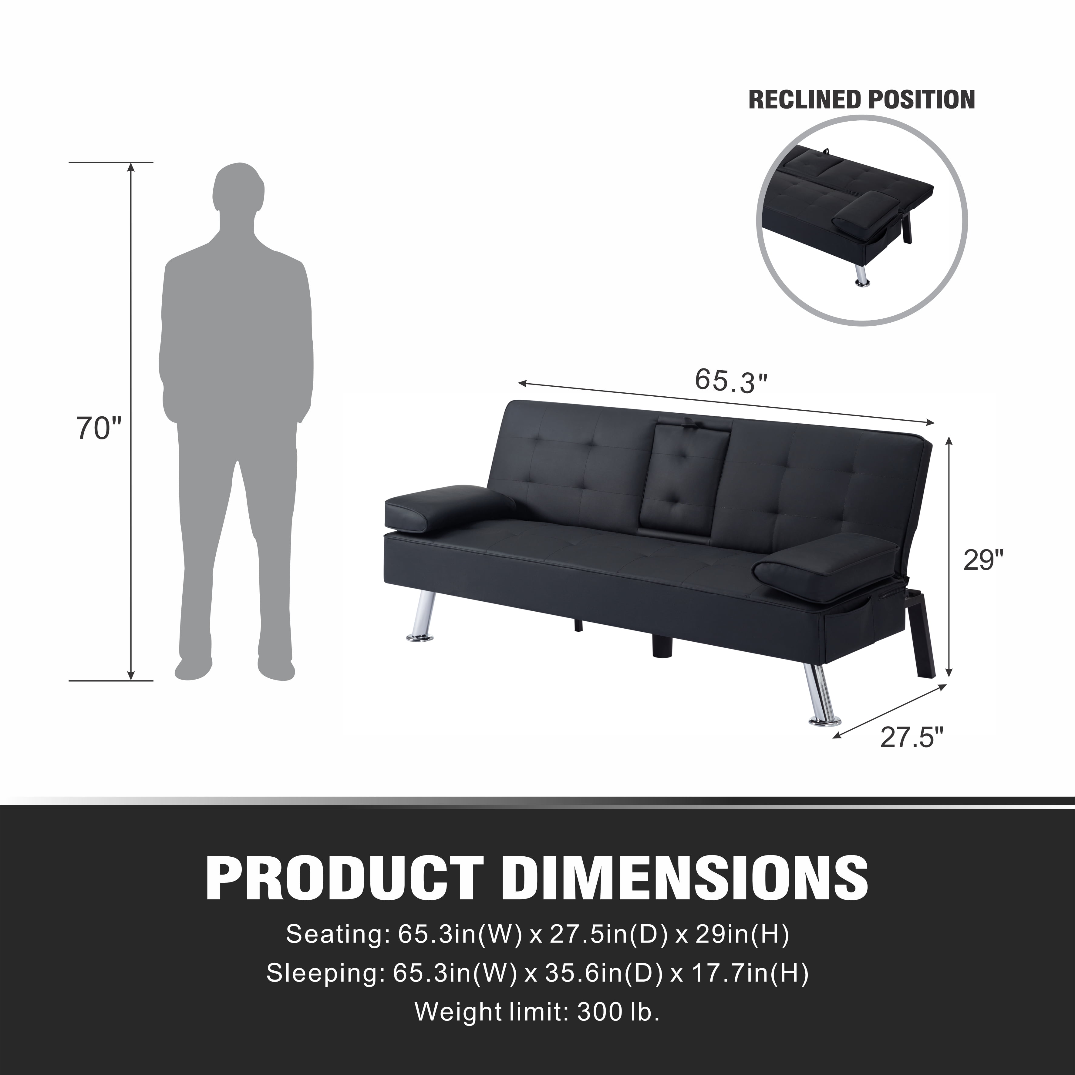 Gewnee Futon Sleeper Sofa Bed Modern Polyester Couch Convertible Folding Recliner Living Room Furniture with 2 Cup Holders for Guest Room,Living Room