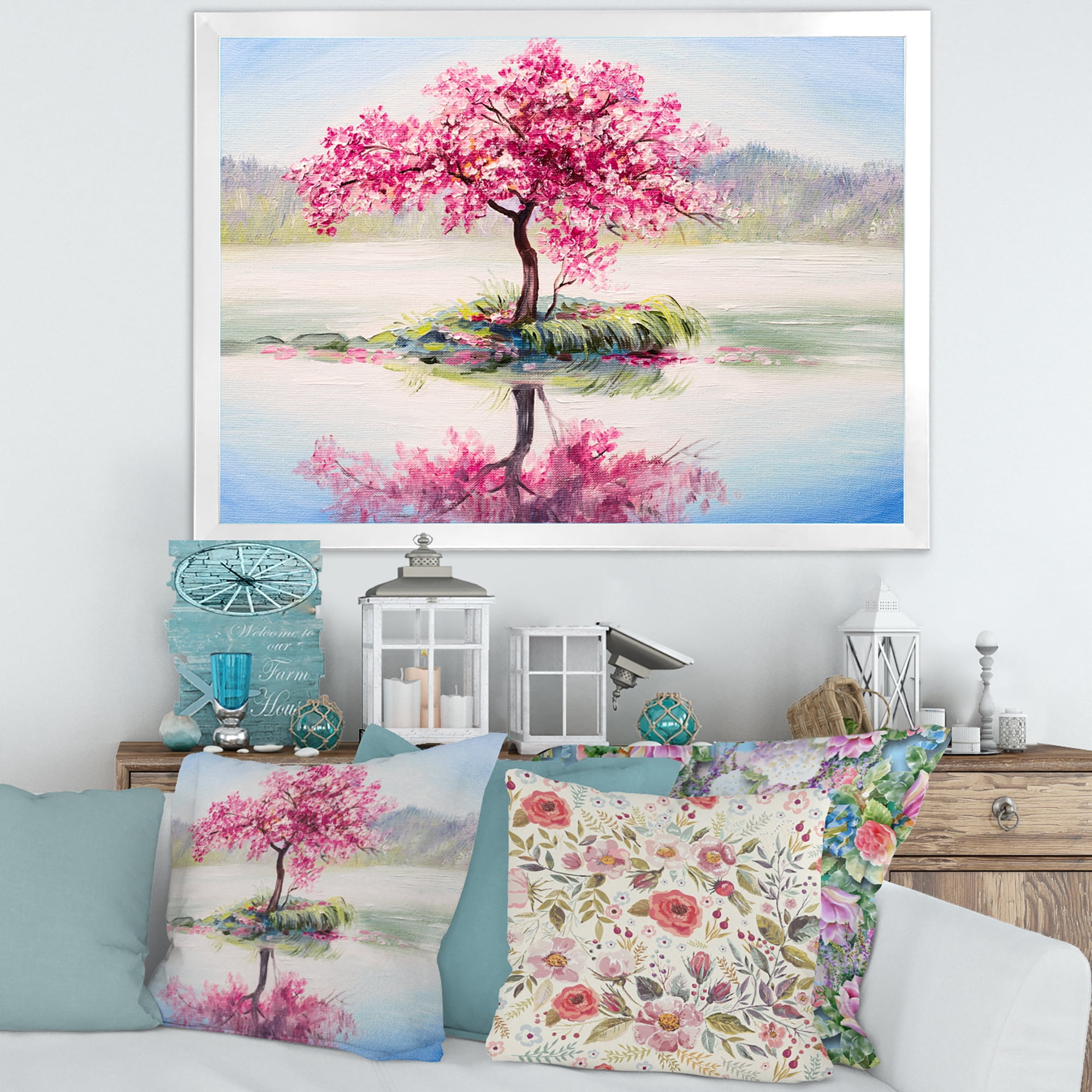 Designart 'Oriental Cherry Pink Tree Sakura On The Lake' Lake House Framed Art Print