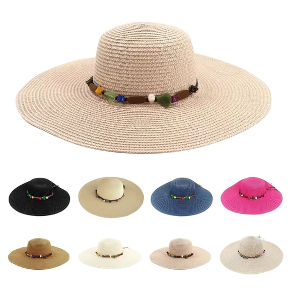 Women Wide Brim Summer Sun Hat Fashion Casual Sunshade Hat with Colored Stone Decor for Beach Vacation by Gbobgt Beige One Size