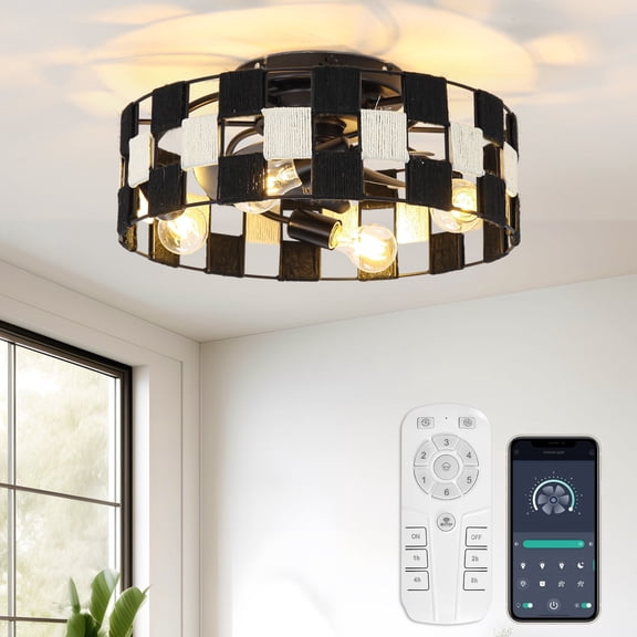 Parrot Uncle 18" Smart Black and White Rope Flush Mount Ceiling Fan with Remote and App Control