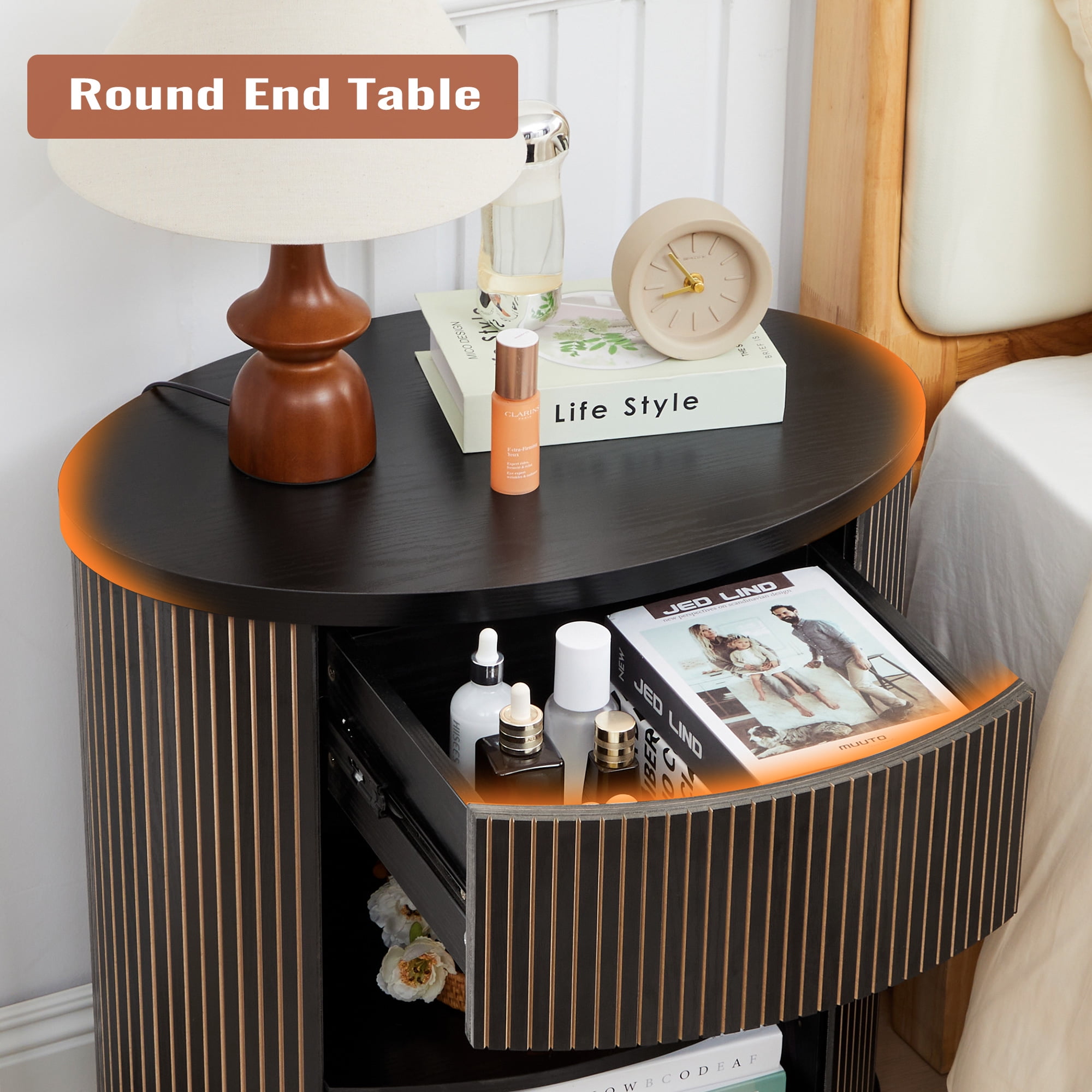 YOCWO Oval Nightstand with 1 Drawer and Adjustable Shelf for Bedroom with Carved Line Design, Round End tables for Living Room, Black