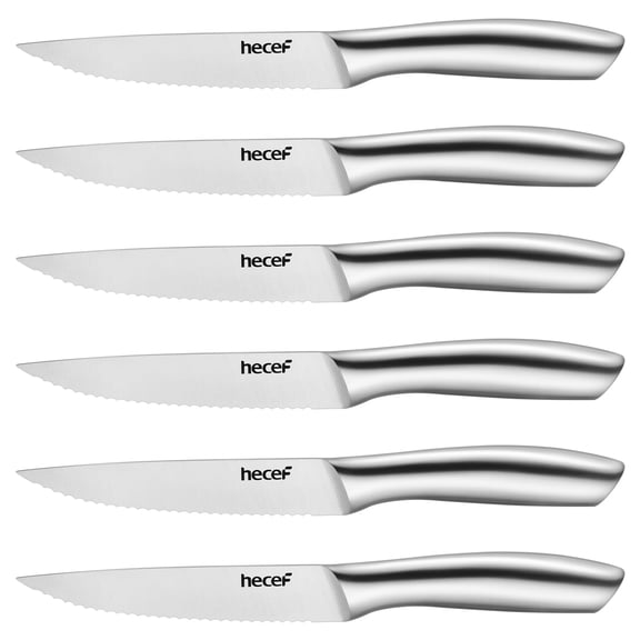 Hecef All-Steel Steak Knife Set of 6, High-Carbon Stainless Steel Serrated Edge Dishwasher safe Knives