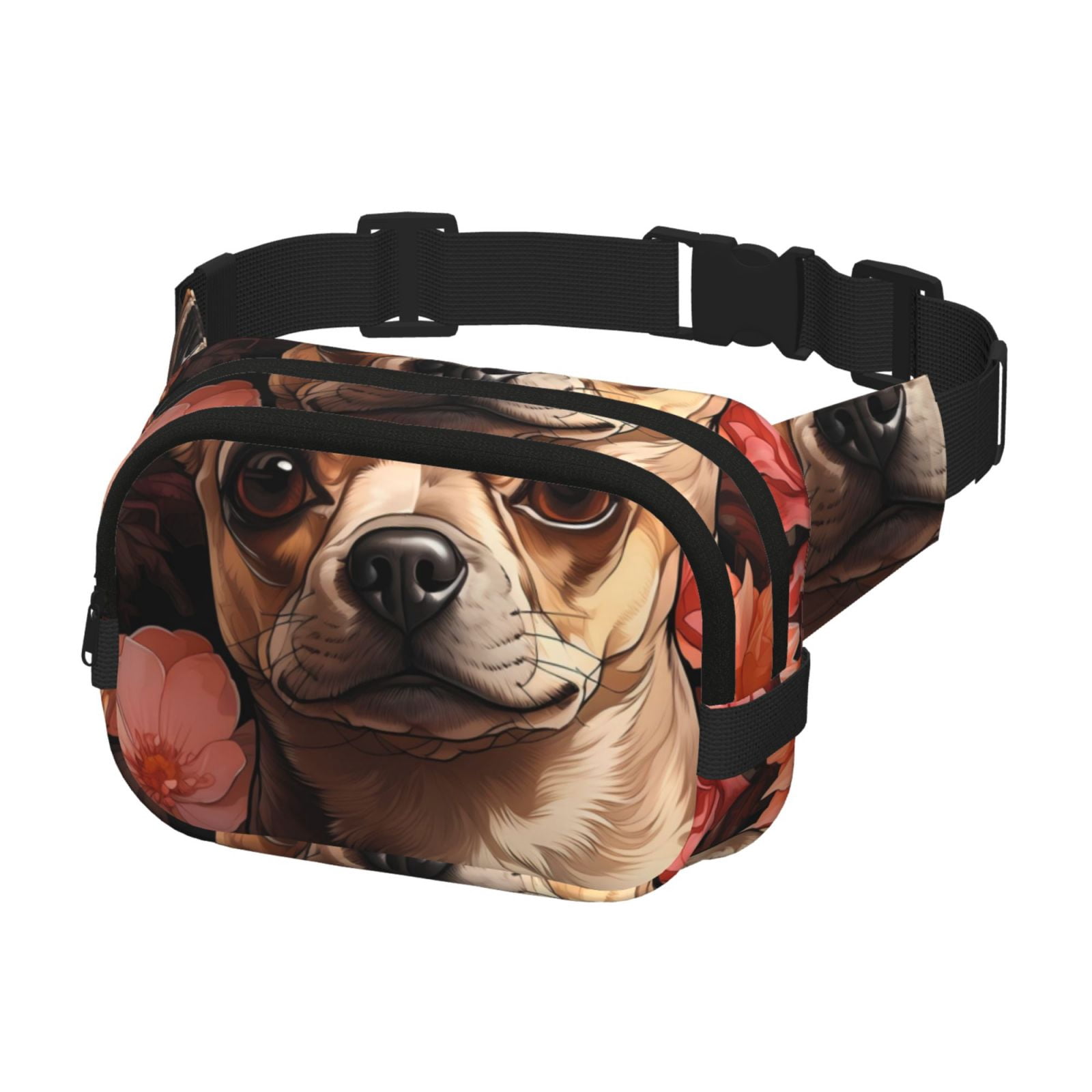 Kuqiui Vintage Red Flower Chihuahua Print Fanny Packs for Women Cross Body Waist Bag Fashionable Fanny Pack Designer Workout Hiking Waist Pack Running Travel Gym