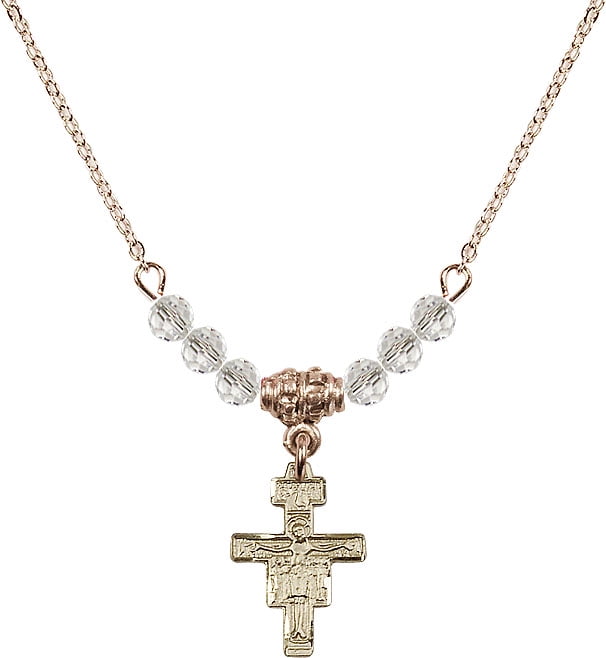 Bonyak Jewelry 18 Inch Hamilton Gold Plated Necklace w/ 4mm White April Birth Month Stone Beads and San Damiano Crucifix Charm