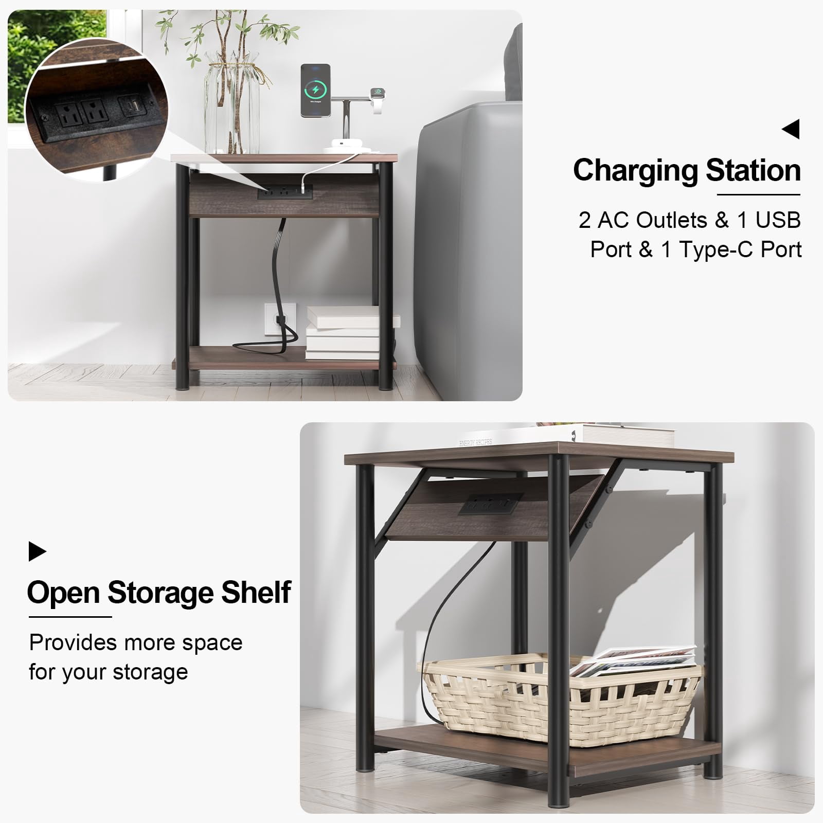 LoVinson Nightstand with Charging Station for Bedroom, Set of 2